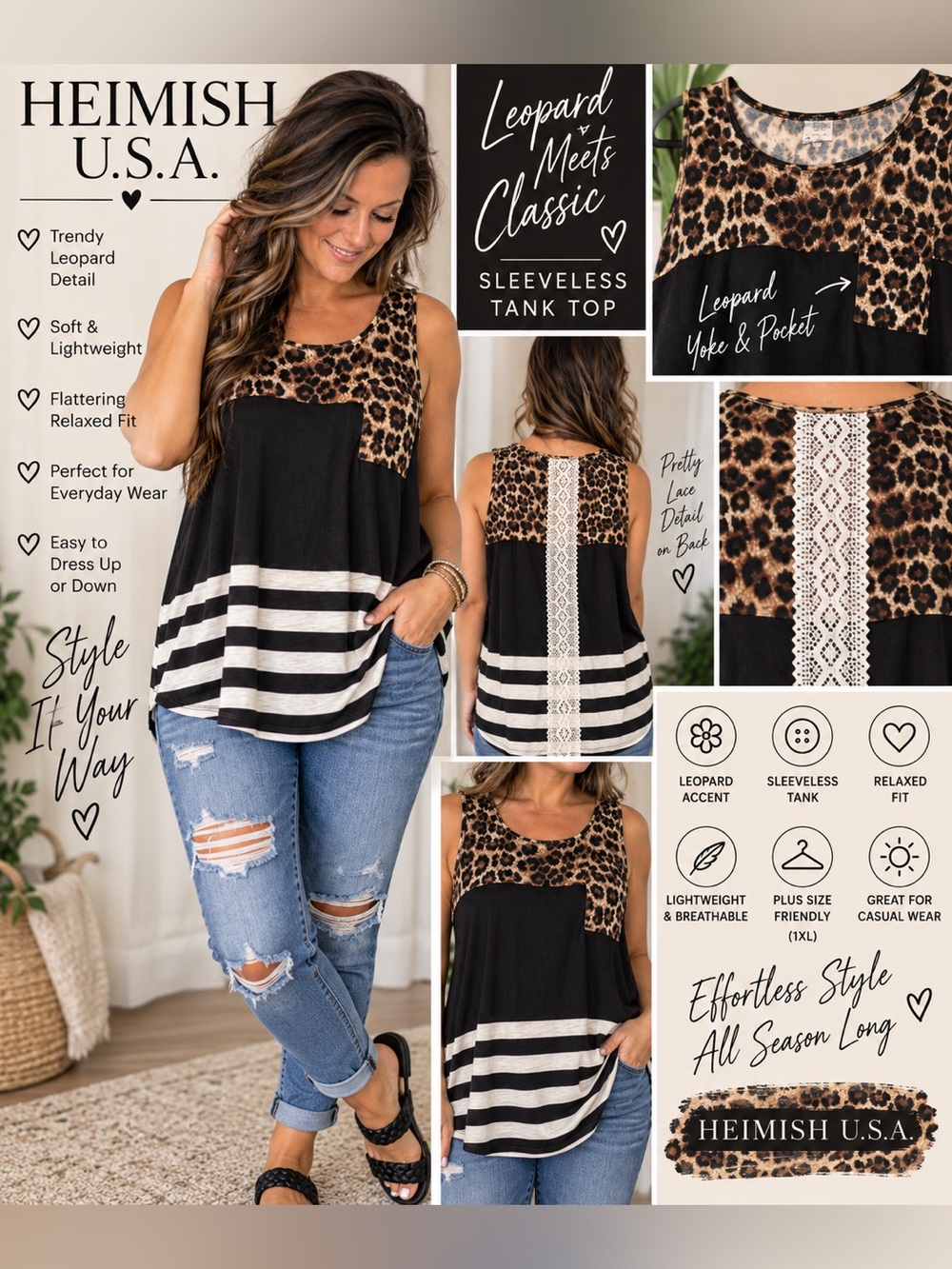 HEIMISH USA Leopard Striped Lace Back Sleeveless Tank Top Large